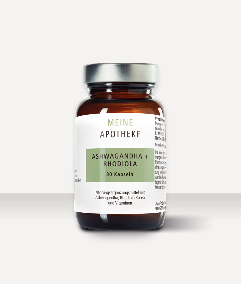 Nahrungsergänzungsmittel mit Ashwagandha und Rhodiola Rosea und Vitaminen.